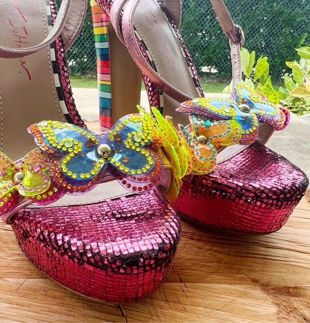 Betsey Johnson Noemi Butterfly Platform Sandals Magenta Metallic Size 6.5